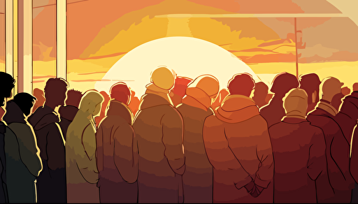 A warm sunny summer day approaching sunset as background context. Wide angle image. vector art, softly colored modern day people who have gathered to pray, They are huddled closely together praying with heads bowed and holding each other's hands, facing the horizon. Make the angle wide angle with some depth of field .