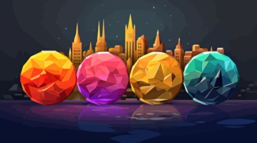 European city, Crypto tokens, low poly vector, video game, gradient
