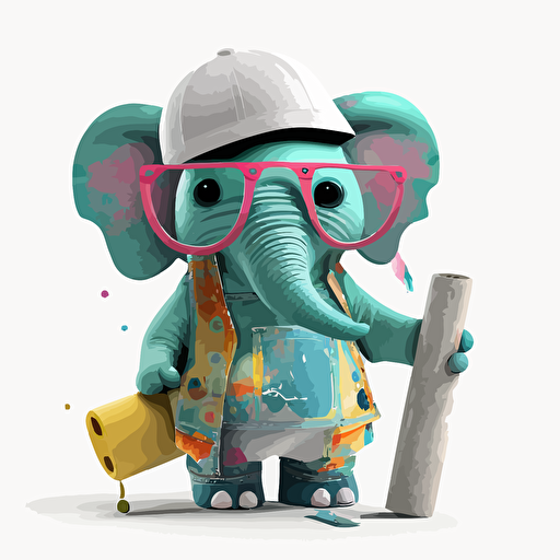 a very cute baby elephant wearing very big sunglasses dressed up as a carpenter, as a cartoon type, as a vector, white background, bright graffiti colors