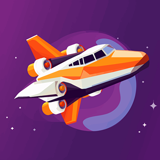 spaceship flying in air, 2D, vector, flat art, fedex purple and orange