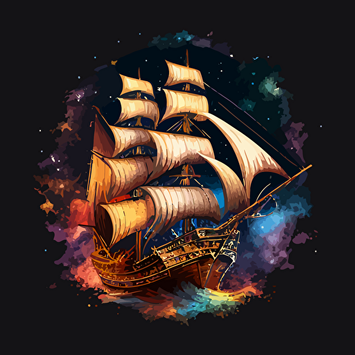 old wooden sailing ship blasting through outer space, vector