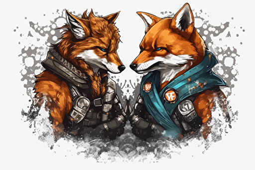 white background, Create an image of a massive battle between two different states shiba inu cyber punk and fox dark shiba inu outfit battle, anime background, vector, greekpunk, marvel style