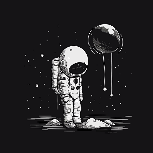 sad astronaut floating, simple vector black and white, mistery book illustration, minimalism, ghibli style