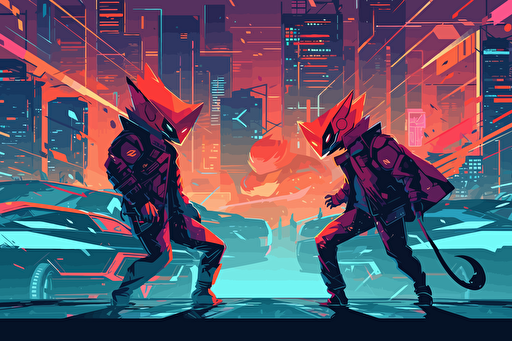fight between FOX cyber punk and fox dark forces outfit battle, city cyber punk, anime background, vector