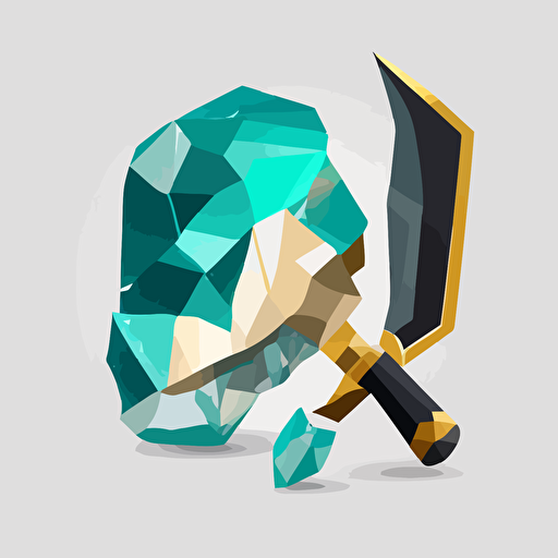 vector logo, faceted raw crystal, gemstone with pickaxe, low poly, black stroke, white background, teal and gold