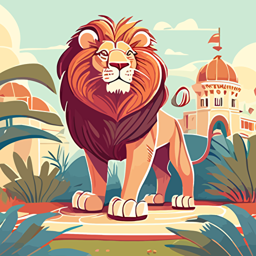 lion in zoo, majestic, children's book disney style, wide-angle, flat colors, 2d, vector