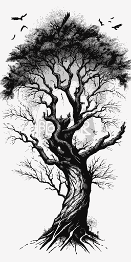 Hand drawn black and white sketch, vector, of big tree with hangman, white background