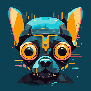 straight-on reduced color palette simplified minimal vector illustration iconic avatar profile picture of a cyberpunk chihuahua head with big eyes on dark solid color background, googie style, symmetry
