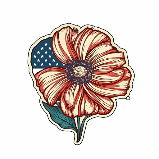 close up vector illustration for a sticker, of the head of a flower, no stem. its petals are colored in the stars and stripes of the american flag. on white background
