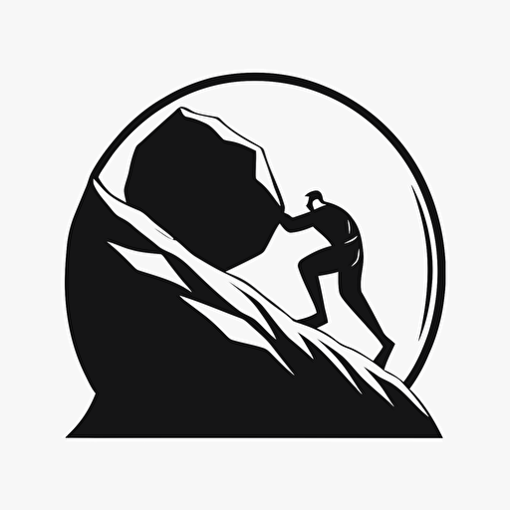 minimalist, pictoral iconic logo of sisyphus pushing rock up a hill, black vector on white background