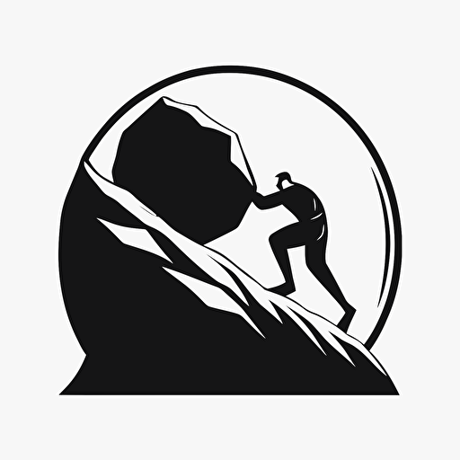 minimalist, pictoral iconic logo of sisyphus pushing rock up a hill, black vector on white background