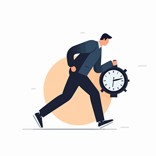 vector illustration man running checking his watch for the time, white background, minimalist