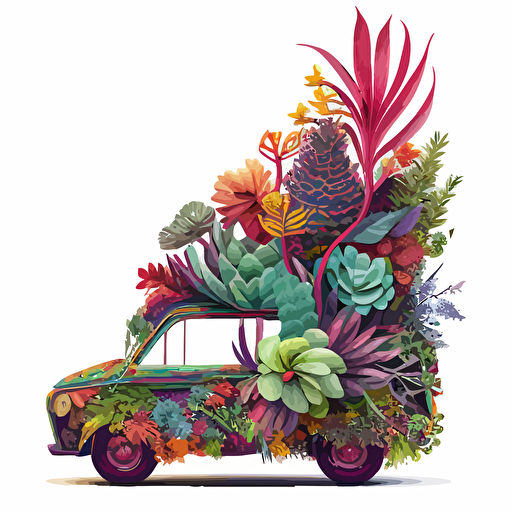 a picture of the side of a car which is stuffed with colorful houseplants which are coming out of top and sides, vector drawing, highly detailed on a white background
