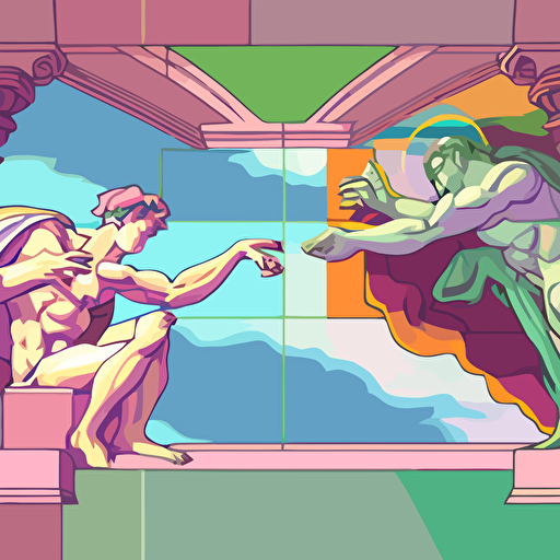 "The Creation of Adam" painting from Michelangelo, but in evangelion anime, style, pastel colors, vector, wide view