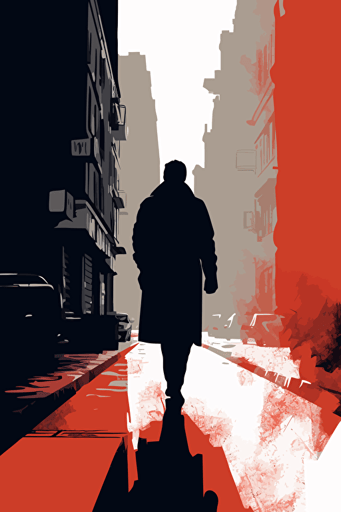 a man wearing a coat and walking on a split red and white background, in the style of simplistic vector art, cityscape, film noir, poster art, realist detail, careful composition, stencil-based