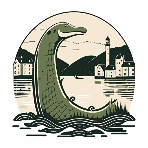 loch ness monster in the bad part of the city, vector logo, vector art, emblem, simple cartoon, 2d, no text, white background