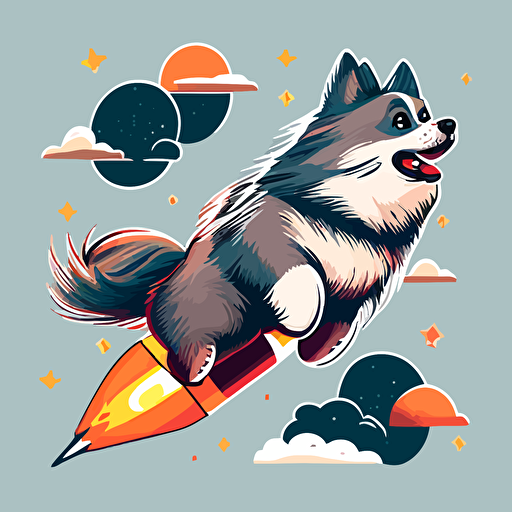 grey and brown, keeshond dog flying on top of a rocket, simple vector art, cartoon style, Adobe Illustrator style art ::