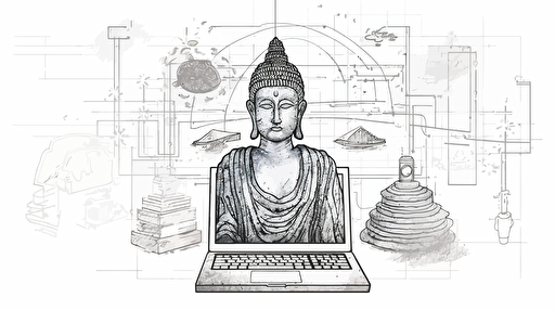 A technical drawing of a machine learning model architecture analysis of an image of a religious icon, an image consisting of a lot of vectors, a charcoal sketch with white background