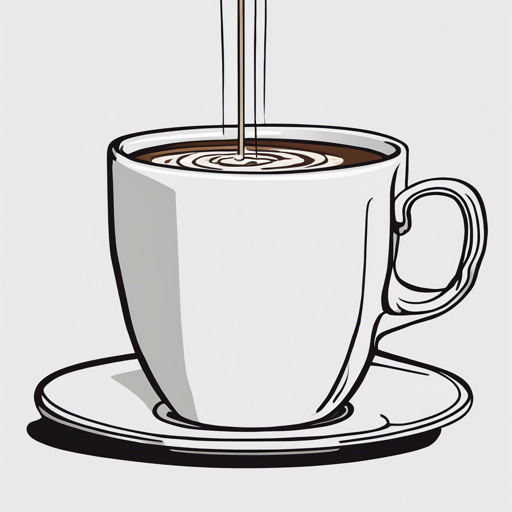 Espresso pouring into a white cup, illustration in the style of Matt Blease, illustration, flat, simple, vector