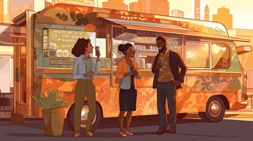 three people standing around a food truck on a busy street, eating and having conversation, modern illustration, vector art, morining time, detailed scene