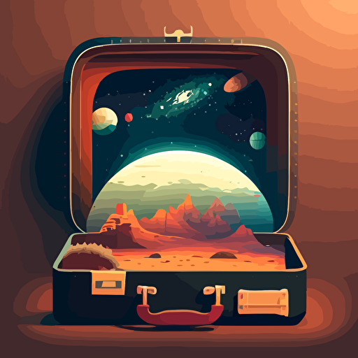 an illustrated space scene with a briefcase floating in the middle. Vector. Moody.