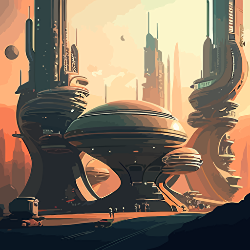 Imagine a futuristic alien cityscape on a distant planet, with towering structures made of otherworldly materials and glowing with otherworldly energy. There might be strange vehicles flying through the air or strange creatures wandering the streets. Get creative and use your imagination to bring this unique city to life in vector form.