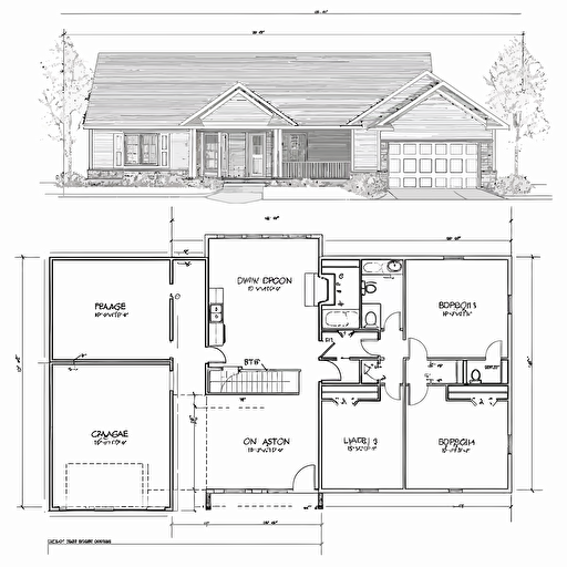 single family home floor plan only, CAD, 2D, simple vector drawing, 3 bedroom, 2 bath, 2 car garage, covered rear porch, black and white, accurate dimensions, code compliant