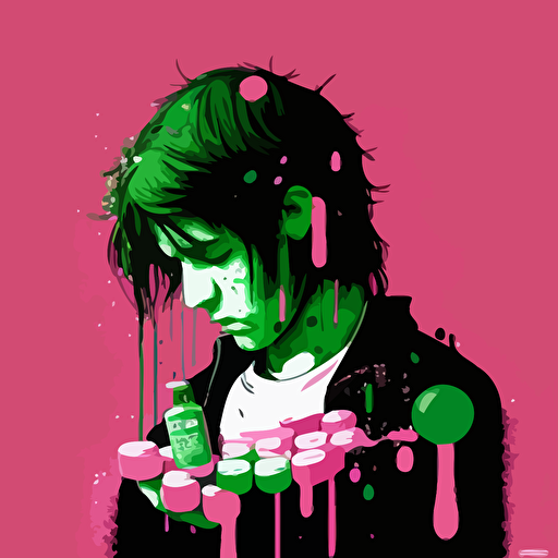 vector,splashy,pink,green,face,boy,holding pills bottles in hands,depressed,sad,crying