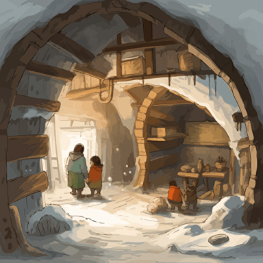 Lulu and Max, village prepared for future storms, developing new technologies, esigned a series of reinforced tunnels beneath the village, tunnels were built with sturdy materials and insulated to withstand the cold, developed a system for preserving food, designed a new type of fireplace that ess wood and produced more heat, knowledge of engineering and construction to build sturdy shelters for their neighbors snow community, a snow in a street at mid of a day and supporting their neighbors, using vector illustration, super resolution, ultra detailed, 10k