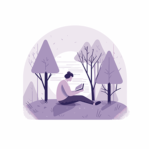 A person reading through a book, forest background, vector, flat art, simple, minimalistic, light purples, white background
