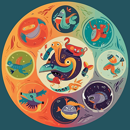 illustration, ultimate frisbee, flying disc, anthropomorphic creatures without labels or categories, inspired by elements of nature, pure emotions, 5-color palette, vectorized illustration, colors not repeating side by side, geometric shapes and curves, different layouts