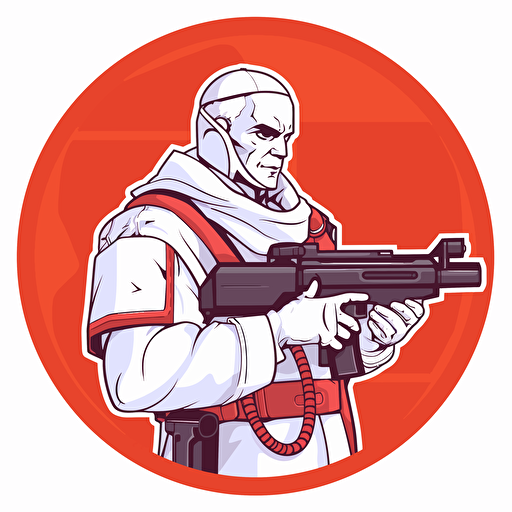 2D vector icon. Pope with a machine gun. Red and whitecolor theme. circle shape. White background