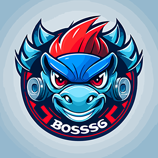 Logo for Bosco company, blue grey red, Circular tyre burning rubber blue flame, warthog, side shot, cartoon eyes, friendly but focused, wry smile, vector logo, vector art, emblem, simple, cartoon, 2d