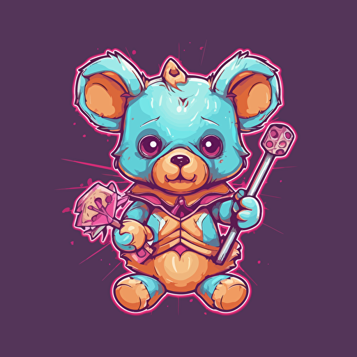 cyborg teddy bear holding a lollypop wrapped in a bow logo design, vector art