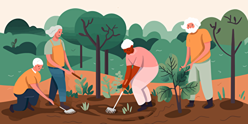 A white-haired old man and 2 young female Gardeners planting trees together. 2D, vector illustration, bright colors. Drawing using AI.