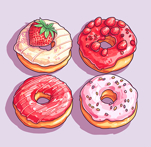five different donut cartoon illustrations, set of three vector illustration, in the style of albert goodwin, light pink and red, neon grids, jillian tamaki, masterful shading, cranberrycore, catcore