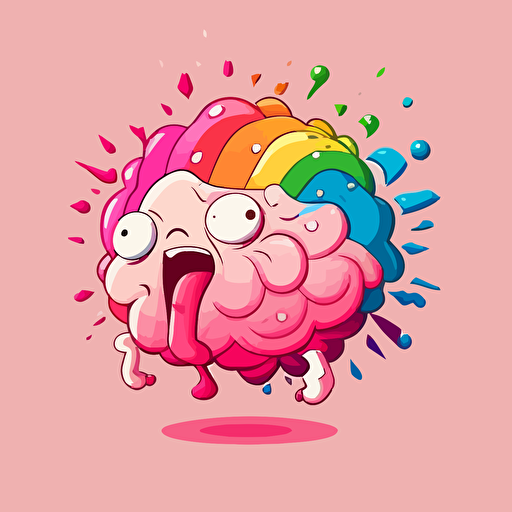 pink brain. the cerebrum should be in 2d vector. cute. dribbling rainbow out of the mouth on the brain. in the style of adventure time. cute white eyes at the front of the brain