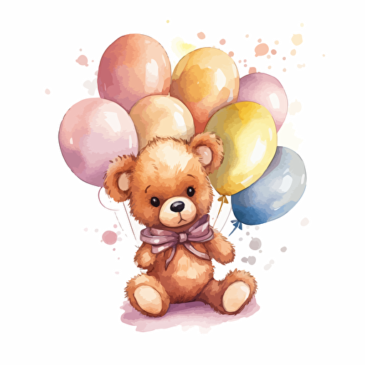 cute teddy bear wearing a golden bow holding many balloons in shades of brown, watercolor, vector