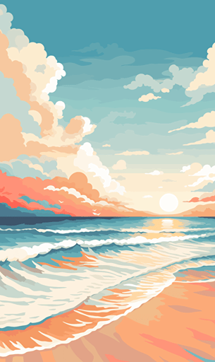 greek sea, sky, orange and blue, sand, vector style,