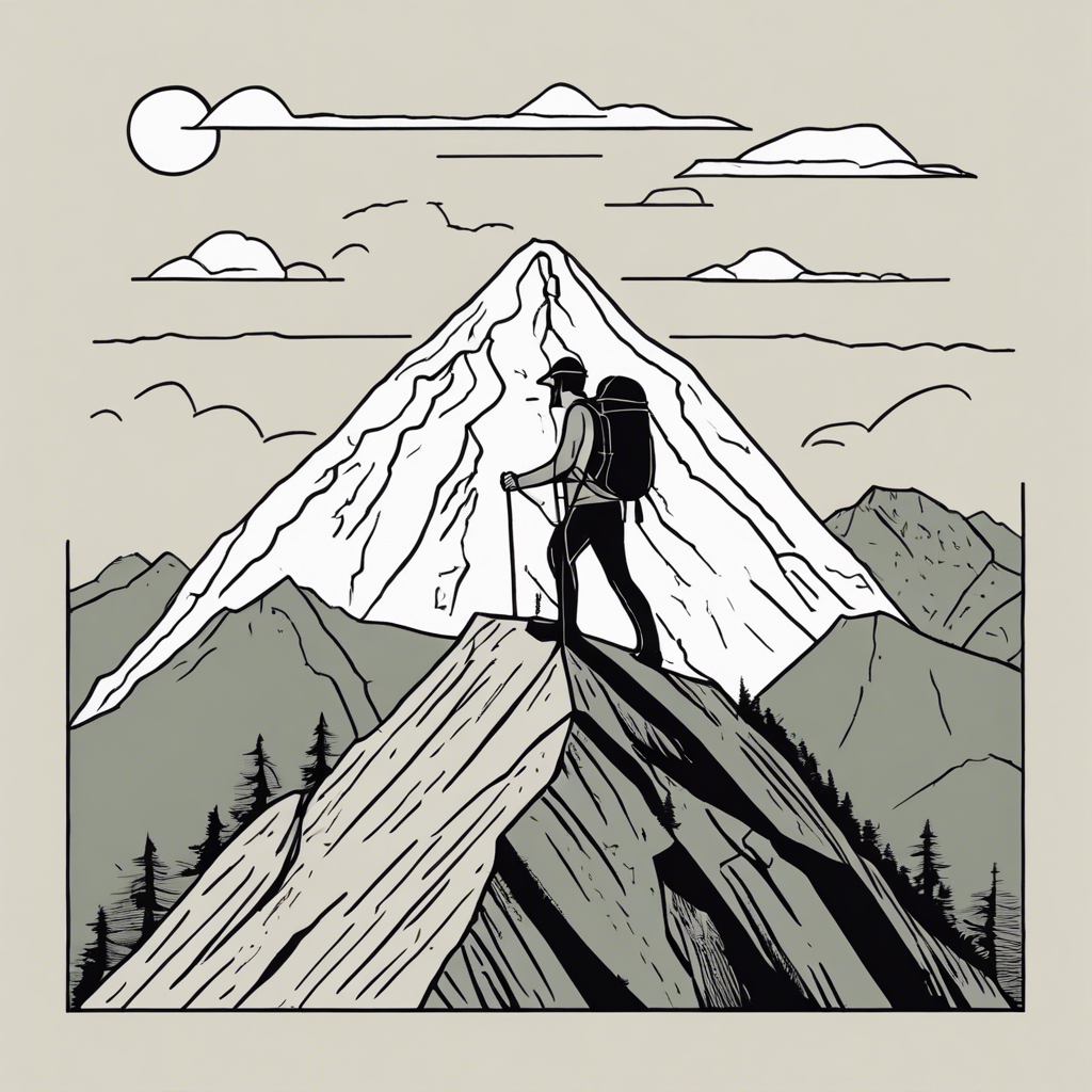 A hiker reaching the summit of a tall mountain., illustration in the style of Matt Blease, illustration, flat, simple, vector