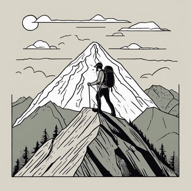 A hiker reaching the summit of a tall mountain.