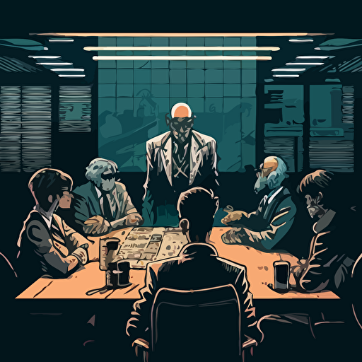 Drawing from the idea of collaboration, design a vector illustration of Satoshi Nakamoto joining forces with other influential figures from the world of technology to create a groundbreaking new project that revolutionizes the way we think about currency. Set the scene in a futuristic conference room.