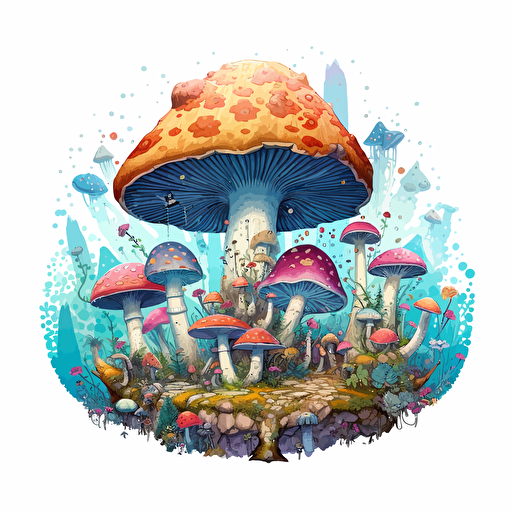 round up design with digital illustration of mushrooms, magic world inspired by Studio Ghibli, vector illustration, intricate details, unreal engine, extremely high detailing, sharp, white background
