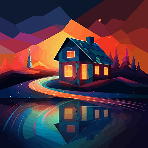 In the foreground is an extended road, next to a translucent geometric house, night sky, 2D, gradient vector illustration wind