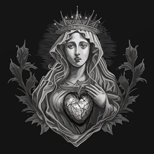 mother mary holding sacred heart, vector style, grey scale, line drawing, medium detail