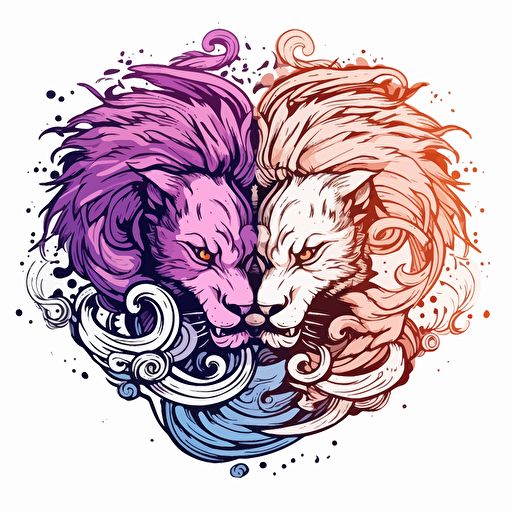 a boho logo of a Chinese dragon next to a Chinese lion, 2d, vector, white, black, and purple, white background