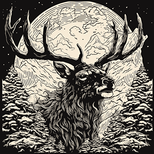 illustrated elk bowing head in contemplation, black and white vector, simple, ::woodblock style