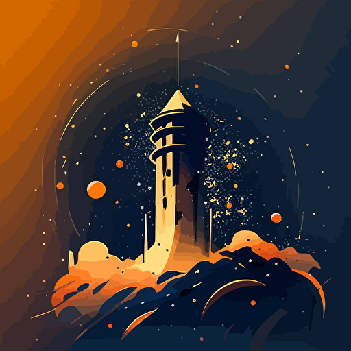 conservsatory tower with stars and meteors in the background ,vector, minimalist, logo, icon