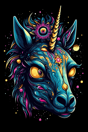 a unicorn with laser eyes, art style of studio ghibli, detail! Detail! Detail!, new school design cartoon, Vector, 100% black background,