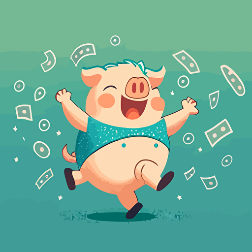 a vector image of a cute Aussie piggy bank dancing and laughing with money floating around him